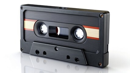 Obraz premium A black 80s cassette tape, a relic of analog sound, stands against a white background, embodying retro music technology.