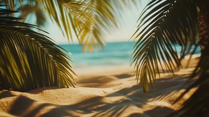 Beach and palm leaves. Selective focus.