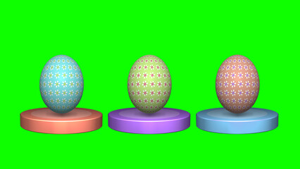 three different easter eggs with different colour on product podium. concept for easter holiday celebration and decoration.