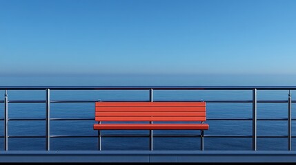 A bright orange bench sits before a vast and tranquil ocean view