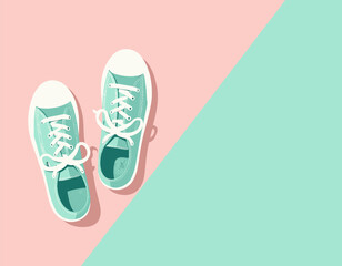 Aqua canvas sneakers on divided pink and aqua background