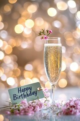 glass of champagne happy birthday. Selective focus.