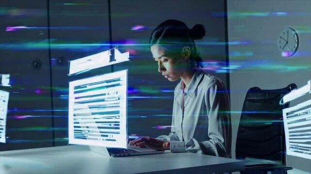 Businesswoman Surrounded by Data Sheets, Digital Workflow and Business Strategy, Loop video, Generative AI
