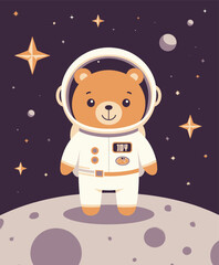 Bear astronaut with "JOY" patch standing on the moon