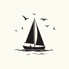 Black sailboat silhouette on water with flying seagulls