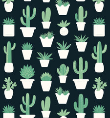 Cactus and Succulents Pattern on Dark Teal Background