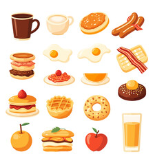 Cartoon breakfast food icons with coffee, eggs, and fruit