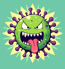 Fototapeta premium Cartoon Green Virus with Angry Expression and Purple Spikes
