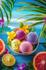 Ice cream and tropical flowers on the beach. Selective focus.