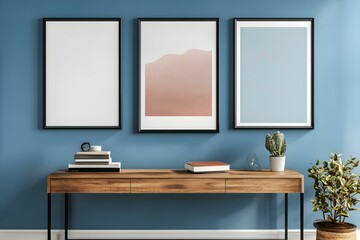 Mockup Frames in Living Room on Blue Wall Above Wooden Furniture