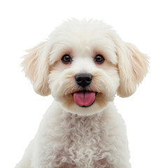 Obraz premium Maltipoo puppy sitting with its tongue out, looking directly at the camera, showcasing an adorable and friendly expression, isolated on a white background. 