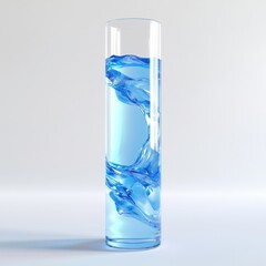 A translucent glass tube filled with vibrant blue liquid, refracting light into delicate patterns, placed vertically on a clean white surface.