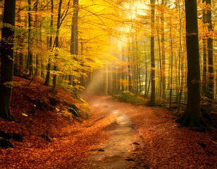 Fototapeta premium Autumnal road in the forest with golden leaves and sun rays