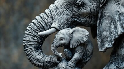 A close-up of a baby elephant holding onto its mothers tail with its trunk