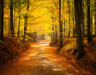 Obraz premium Autumnal road in the forest with golden leaves and sun rays