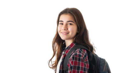 Smiling student girl with backpack posing on transparent background