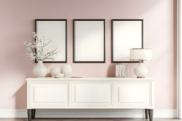 Tender Pink Pearl Living Room Interior with Cabinet
