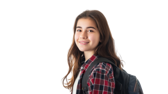Smiling student girl with backpack posing on transparent background