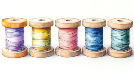 Colorful Threads Arranged on Wooden Spools Watercolor Painting