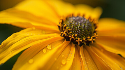 Close-up macro of a vibrant yellow black-eyed Susan (Rudbeckia hirta), bright daisy-like petals with a dark center, stunning floral contrast