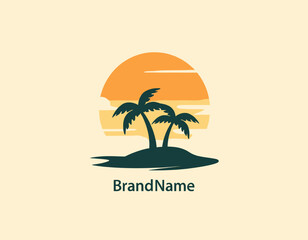 Obraz premium Island sunset logo, palm trees silhouette graphic