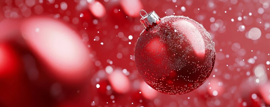 Buon Natale celebrazione vacanza sfondo banner panorama lunga cartolina d'auguri - Palline di Natale moderne rosse, palle di Natale sull'abete dell'albero di Natale con neve, fiocchi di neve e