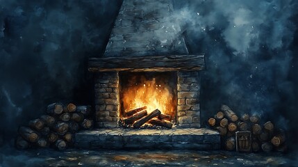 Cozy Stone Fireplace with Burning Fire and Woodpile