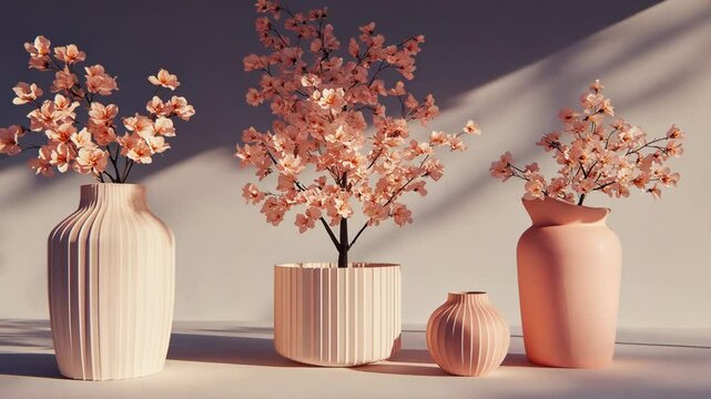 Elegant display of modern vases with pink floral arrangements in soft sunlight