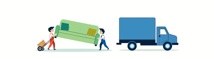 Movers Transporting Couch with Blue Moving Truck
