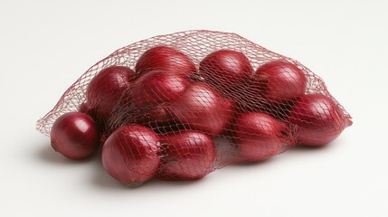 A package of fresh red onions secured inside a mesh net