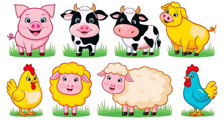Fototapeta premium Cute cartoon farm animal vector set illustration with funny cow, pig, sheep, dog, and bird icons