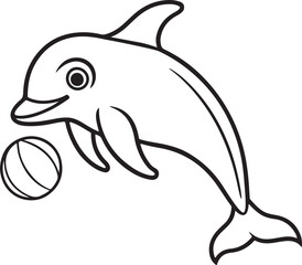 a cute dolphin playing with a ball line art, black outline, vector and illustration, coloring book page line art drawing