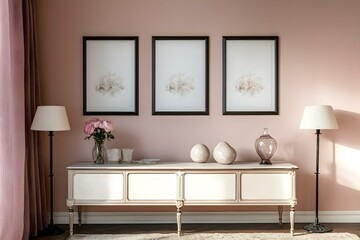 Tender Pink Pearl Living Room with Stylish Cabinet Design