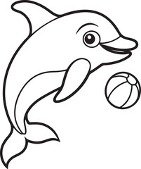 Naklejka premium a cute dolphin playing with a ball line art, black outline, vector and illustration, coloring book page line art drawing