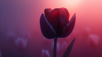 Obraz premium Full shot of a deep red tulip (Tulipa gesneriana), rich velvety petals with soft highlights, classic spring bloom