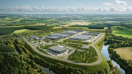 Aerial view of a modern industrial park surrounded by lush greenery and water features.