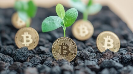 Seedlings emerging from soil with Bitcoin coins, representing growth in cryptocurrency investment.