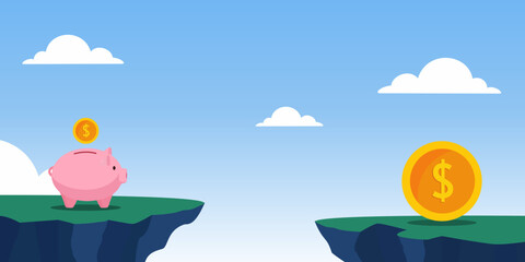 pink piggy bank on the cliff with a gold coin floating above it. symbolizing the gap between saving money and achieving financial goals.
