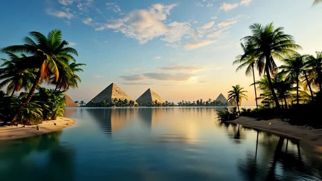 Pyramids reflected in calm waters surrounded by palm trees during sunrise