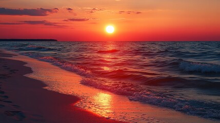 Dramatic sunset over tranquil ocean beach.  Golden hour hues paint the sky and water in vibrant colors. Soft waves caress the sandy shore