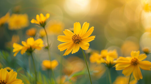 Full shot of a golden yellow coreopsis (Coreopsis tinctoria), daisy-like flowers with vibrant golden hues