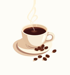 Stylized Coffee Cup with Steam and Coffee Beans
