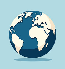 Stylized globe showing the continents in cream on blue background