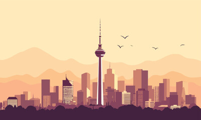 Obraz premium Stylized Skyline View with Fernsehturm and Birds