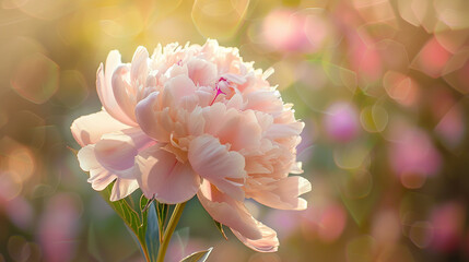 Full shot of a soft pink peony (Paeonia officinalis), large ruffled petals creating an elegant floral scene