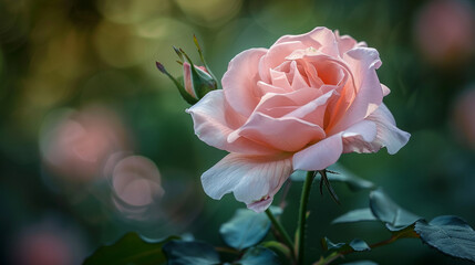 Full shot of a soft pink wild rose, subtle natural hues and intricate petal details