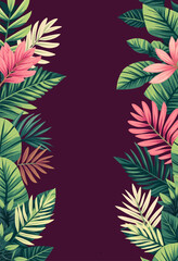 Fototapeta premium Tropical Green and Pink Flower Border on Maroon Background