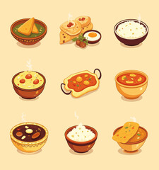 Various steaming Indian cuisine dishes on a beige background