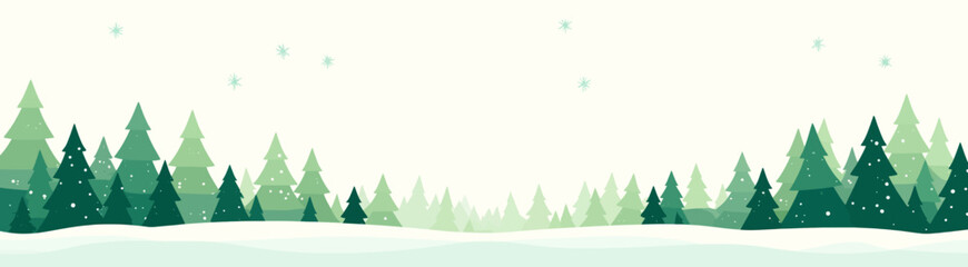 Fototapeta premium Winter scene with green pine trees and falling snowflakes