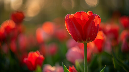 Obraz premium Full shot of a vibrant red tulip (Tulipa gesneriana), lush petals with rich crimson hues, classic spring bloom